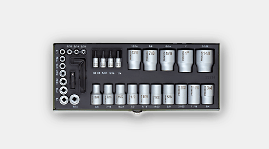 Set of sockets and bit sockets for inch sizes