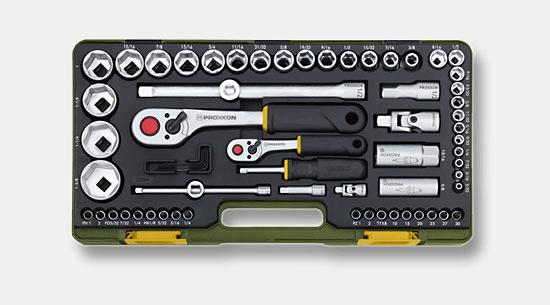 65-piece complete set for imperial sizes with 1/4'' and 1/2'' baton ratchets